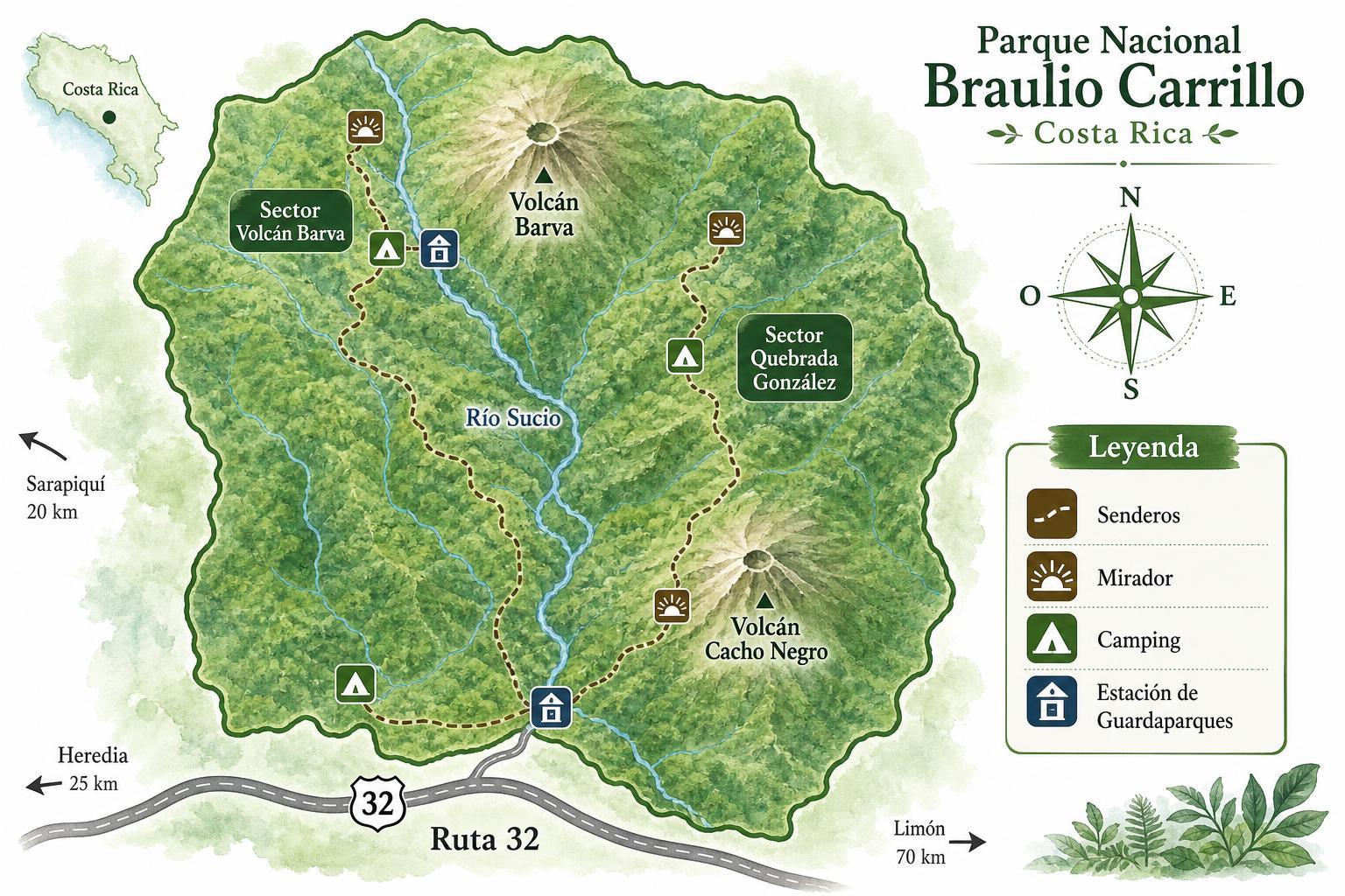 Mapa del Parque Nacional Braulio Carrillo